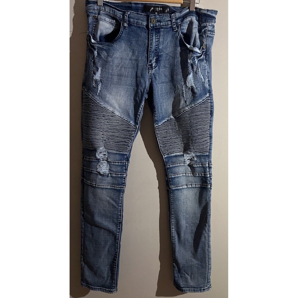 Reason Clothing Moto Blue Jeans Men's Size 36 Ribbed Distressed Slim Fit